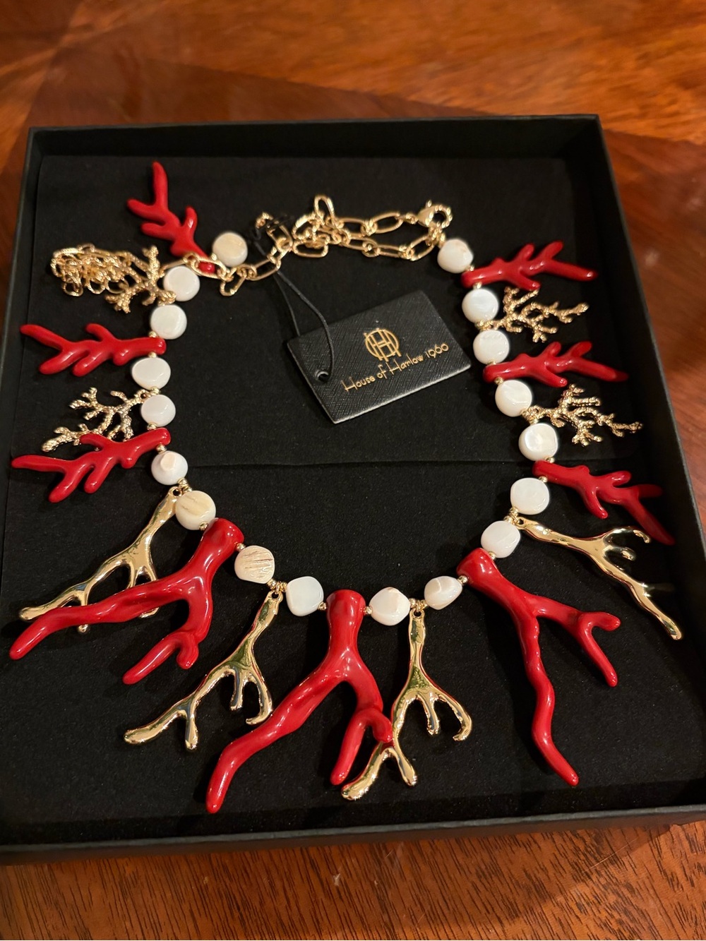House of Harlow 1960 Red Coral & Gold Branch Pearl Necklace